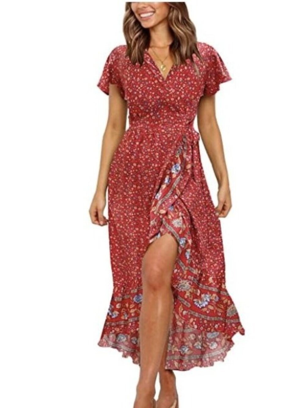 NWT Zesica Red Blue Ditsy Floral Flounce Wrap Maxi Sun Dress Women Size XL